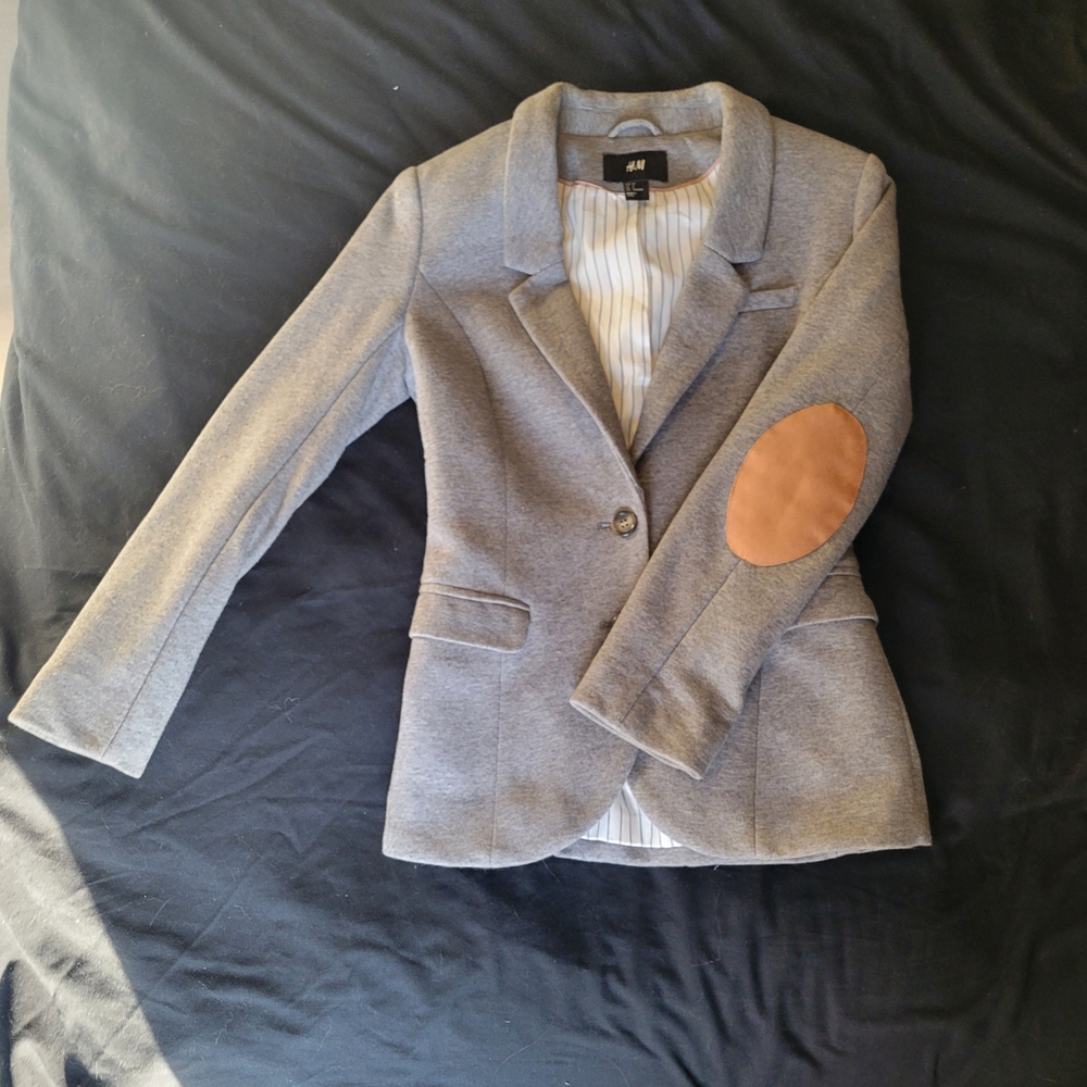 H&M Heather Gray Blazer with Brown Elbow Patches